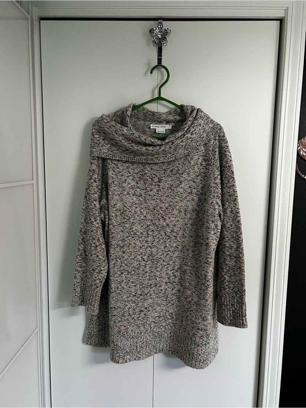Addition Elle size 1 Cable Cowl Neck Sweater - Heathered Gray and Yellow Accents